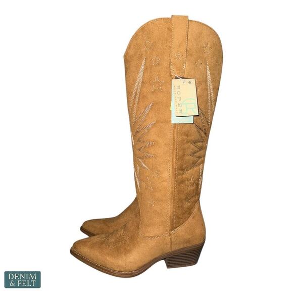 NEW Roper Starburst Tan Knee High Western Boots 15in Shaft Pointed Toe Size 9 - Picture 8 of 16